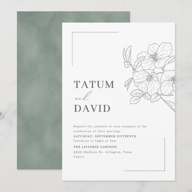 Modern Line Art Floral Green Wedding Invite Inbjudningar (Fram/baksida)