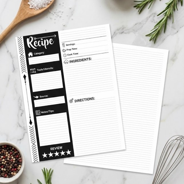 Modern Lined Recipe Pages (Letter Format Sheet)  (Blank Recipe Pages for Binders, Printable Recipe Card Template)