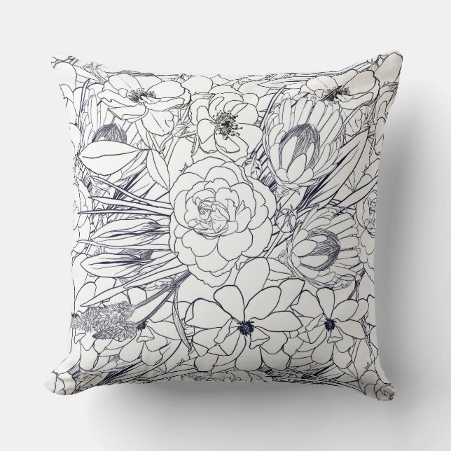 Modern linje konst handritad blomster flickig desi kudde (Framsida)