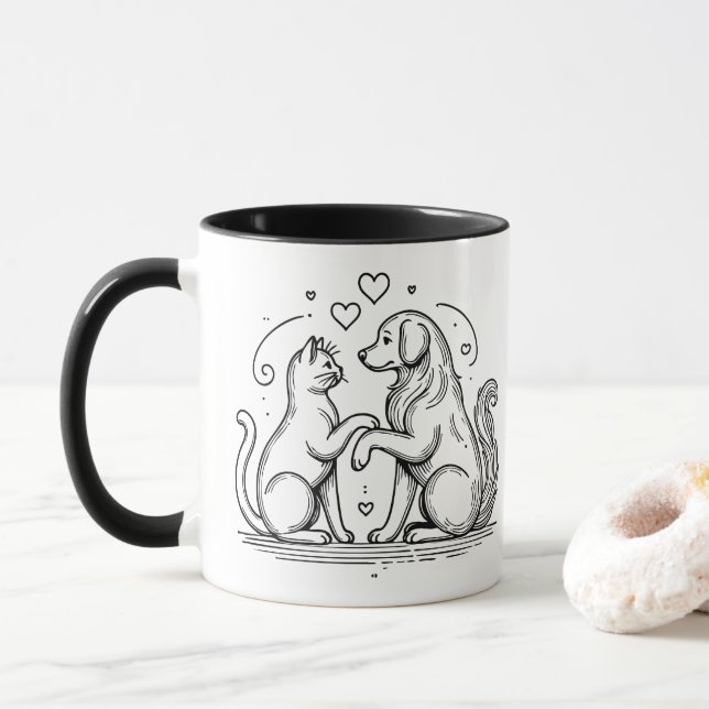 Modern linjeillustration av vänskap mellan husdjur mugg (Med munk)