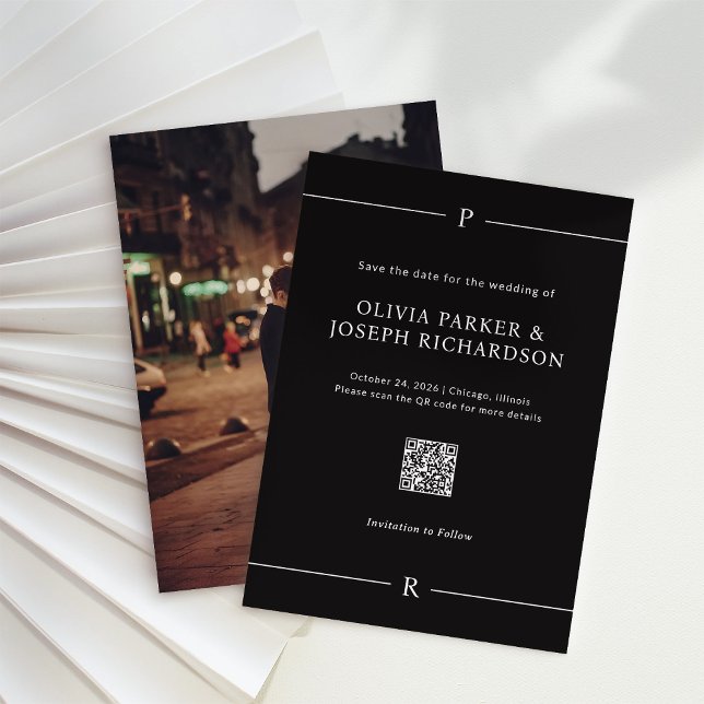 Modern Linjer och Monogram Black QR-kod och foto Spara Datumet (Skapare uppladdad)