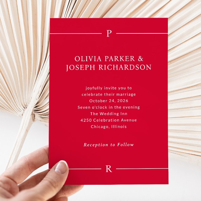 Modern Linjer och Monogram | Cherry Red Bröllop Inbjudningar (Skapare uppladdad)