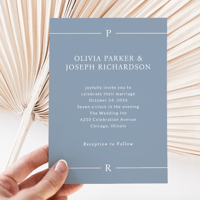 Modern Linjer och Monogram | Dusty Blue Bröllop Inbjudningar (Skapare uppladdad)
