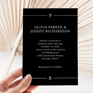 Modern Linjer och Monogram   Mörk Black Bröllop Inbjudningar