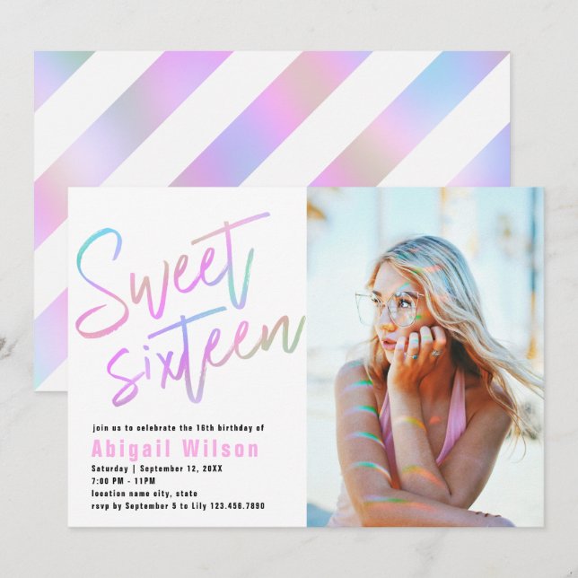 Modern liten holografisk sweet sixteen inbjudningar (Fram/baksida)