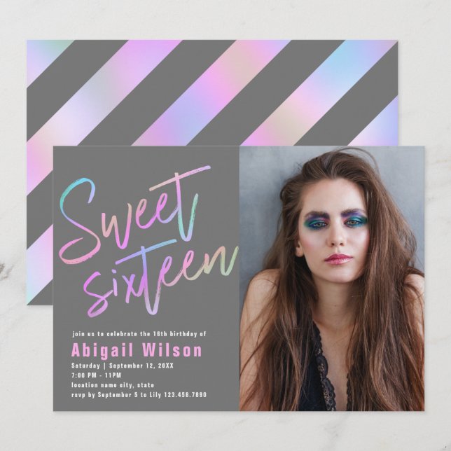 Modern liten holografisk sweet sixteen inbjudningar (Fram/baksida)