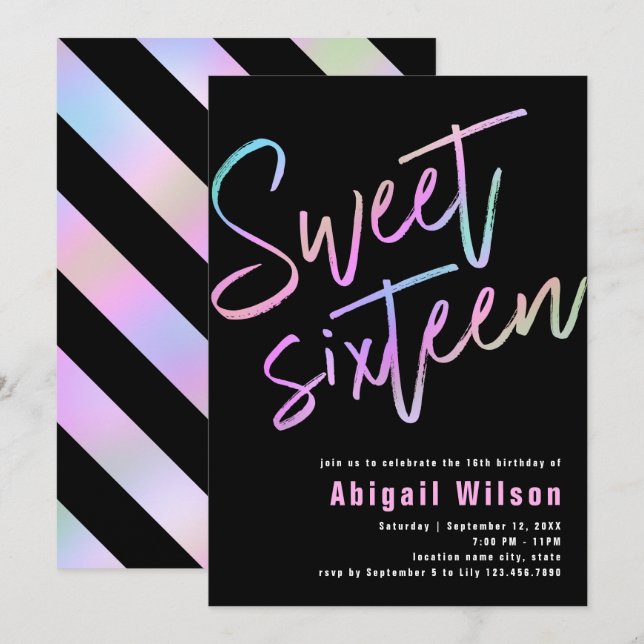 Modern liten holografisk sweet sixteen inbjudningar (Fram/baksida)