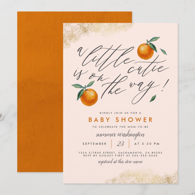 Modern , liten Orange, babykläder Inbjudningar (Fram/baksida)