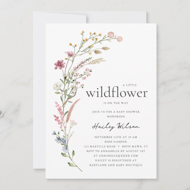 Modern liten vildblomma baby shower inbjudan (Framsida)