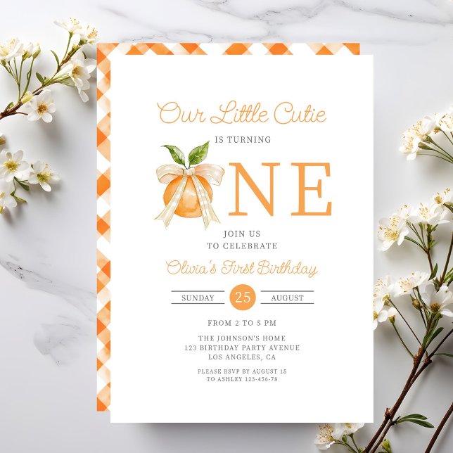 Modern litet gulligt orange citrus 1-årsfest inbjudningar (Modern Little Cutie Orange Citrus 1st Birthday Invitation)