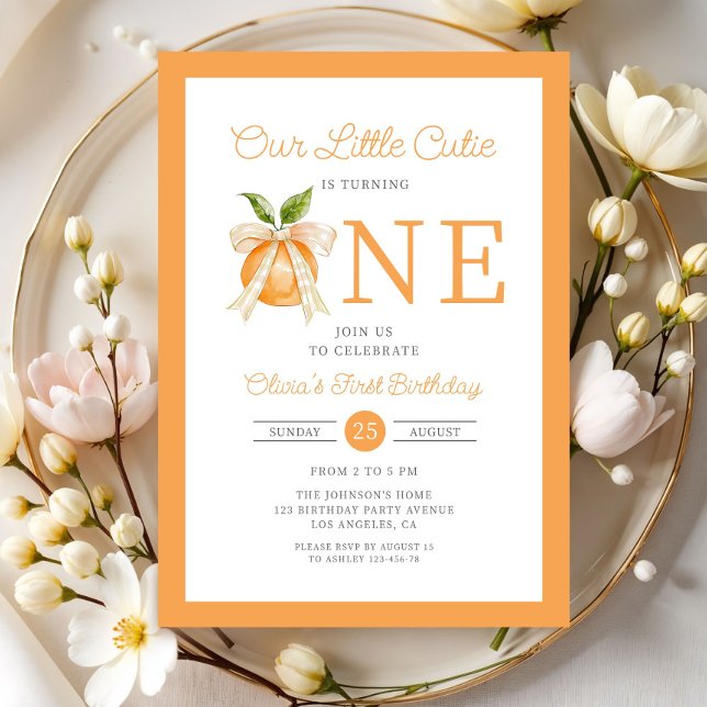 Modern Little Cutie Orange Citrus 1-årsfest Inbjudningar (Modern Little Cutie Orange Citrus 1st Birthday Invitation)