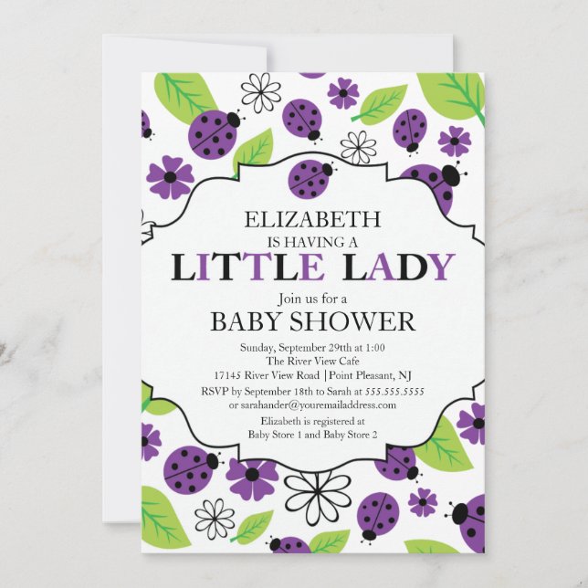 Modern Little Dam Lila Ladybug Baby Shower Inbjudningar (Framsida)