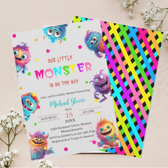 Modern Little Monsters Watercolor babydusch Invi Inbjudningar (Skapare uppladdad)