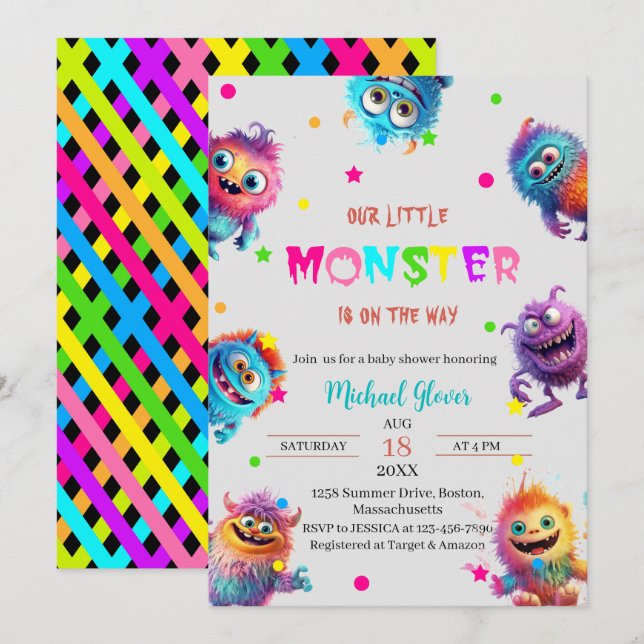Modern Little Monsters Watercolor babydusch Invi Inbjudningar (Fram/baksida)
