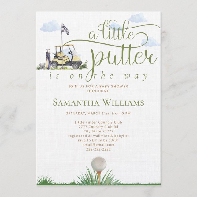 Modern Little Putter Golfer Grön Golf Baby Shower Inbjudningar (Framsida)
