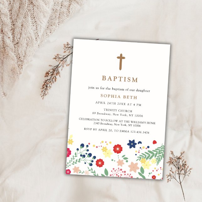 Modern Little Wildblomma Mönster Kor Baptism Inbjudningar (Modern Little Wildflower Pattern Cross Baptism Invitation)