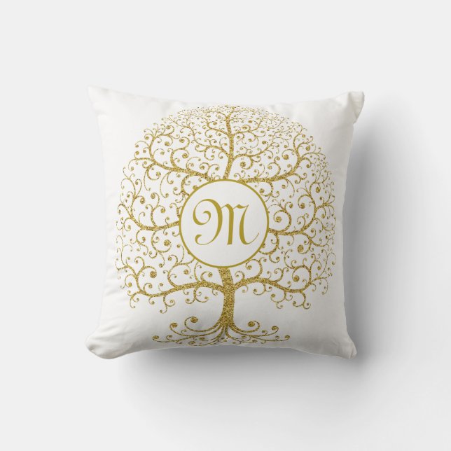 Modern Livets träd Monogram Guld Kudde (Framsida)