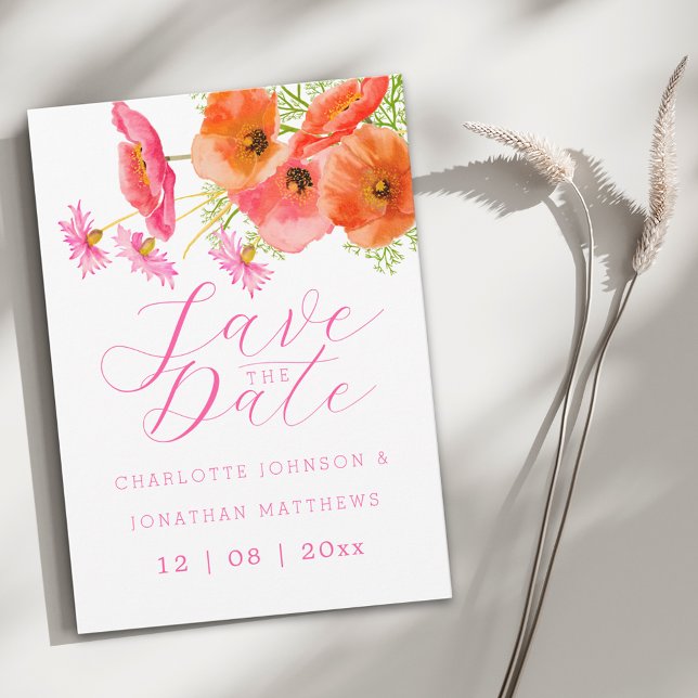 Modern Livlig Boho Akvarell Blommig Bröllop Spara Datumet (Modern boho chic vibrant watercolor floral wedding save the date invitation hot pink orange flowers)