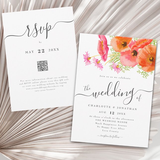 Modern Livlig Rosa Orange Blommig Bröllops QR-kod Inbjudningar (Modern vibrant pink orange garden floral wedding qr code invitation)