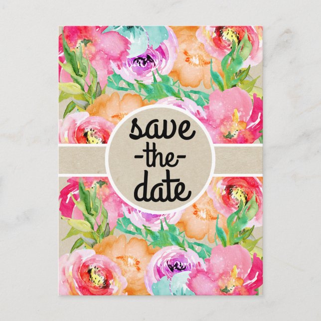 Modern Ljus Blommig Brun Kraft Spara Datum Meddelande Vykort (Framsida)