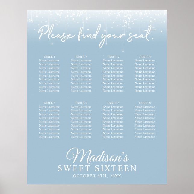 Modern Ljus Dusty Blue Sweet 16 Seatschdiagram Poster (Framsidan)