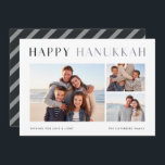 Modern ljus | Elegant Hanukkah Photo Collage Holi Julkort<br><div class="desc">Hanukkah önskemål med dessa enkla och elegant fotosamlingskort,  som innehåller tre av dina favoritfoton som är placerade mitt i centrum. "Lycklig Hanukkah" visas överst i chic och modern text,  med ett budskap om anpassningsbar och din familj namn längs grund.</div>