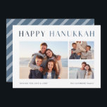 Modern ljus | Elegant Hanukkah Photo Collage Julkort<br><div class="desc">Hanukkah önskemål med dessa enkla och elegant fotosamlingskort,  som innehåller tre av dina favoritfoton som är placerade mitt i centrum. "Lycklig Hanukkah" visas överst i chic och modern text,  med ett budskap om anpassningsbar och din familj namn längs grund.</div>