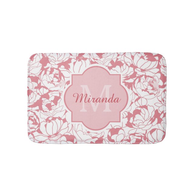 Modern Ljus rosa Blommigt, Girly Monogram med Namn Badrumsmatta (Framsidan)