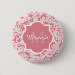 Modern Ljus rosa Blommigt, Girly Monogram med Namn Knapp