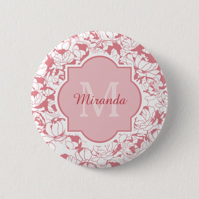 Modern Ljus rosa Blommigt, Girly Monogram med Namn Knapp (Framsida)