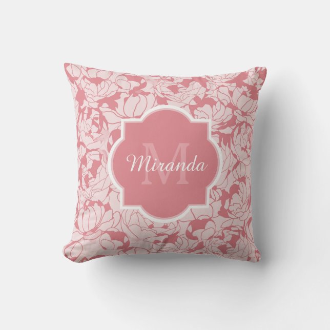 Modern Ljus rosa Blommigt, Girly Monogram med Namn Kudde (Framsida)