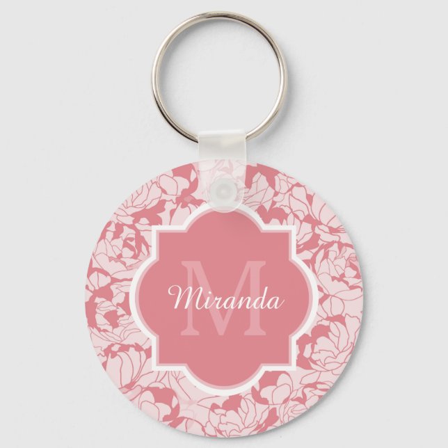 Modern Ljus rosa Blommigt, Girly Monogram med Namn Nyckelring (Framsida)