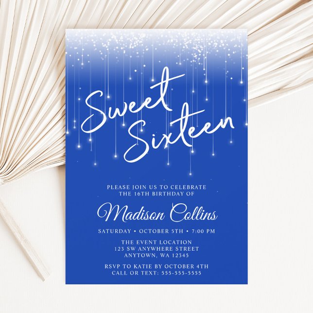 Modern Ljus Royal Blue Sweet 16 Inbjudningar (Skapare uppladdad)