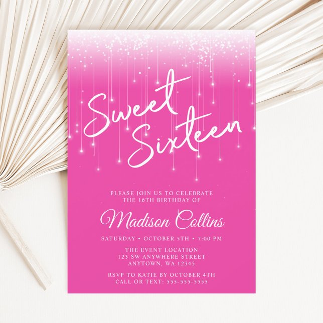 Modern Ljus Shock rosa Sweet 16 Inbjudningar (Skapare uppladdad)