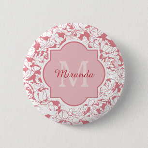 Modern Ljusare rosa Blommigt Girly Monogram med Na Knapp