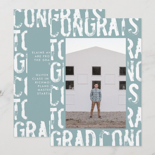 Modern ljusblå grungig enkel fototexamen inbjudningar (Fram/baksida)
