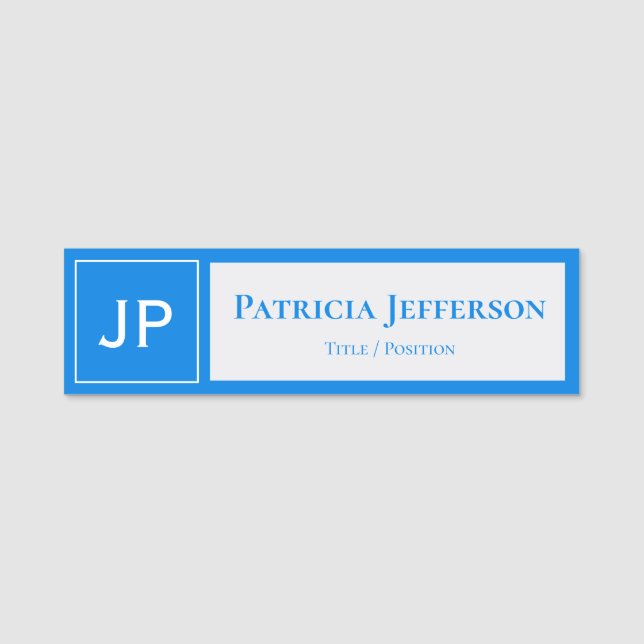 Modern ljusblå och vit professionell monogram namnbricka (Framsida)