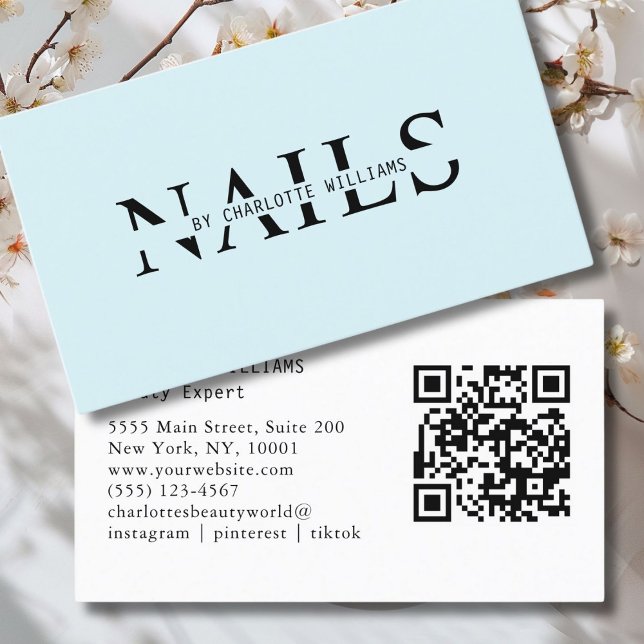 Modern, ljusblå, QR-kod Visitkort (Modern, Light-Blue, Salon, Beauty, QR Code Business Card.)