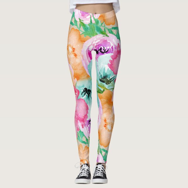 Modern Ljusfärgad Blommande Vår Akvarell Leggings (Framsida)