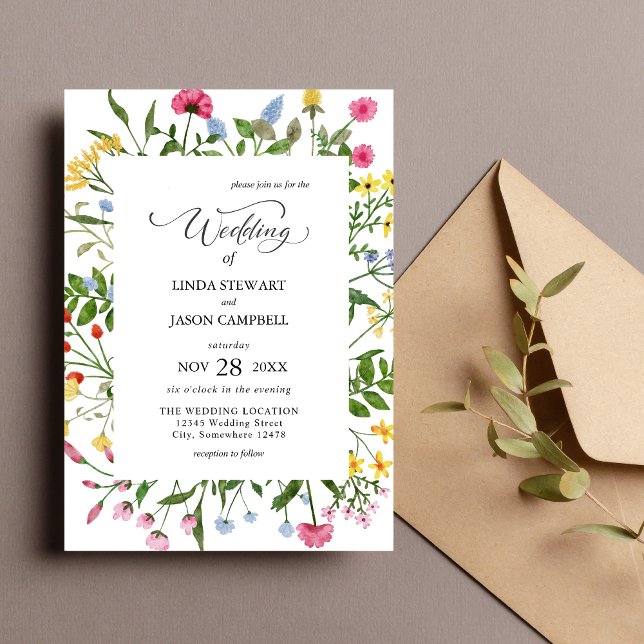 Modern Ljusfärgad Blomsterrik Bröllopsblomma Inbjudningar (Modern bright colorful wildflower floral invitation adds vibrant charm to your wedding day)