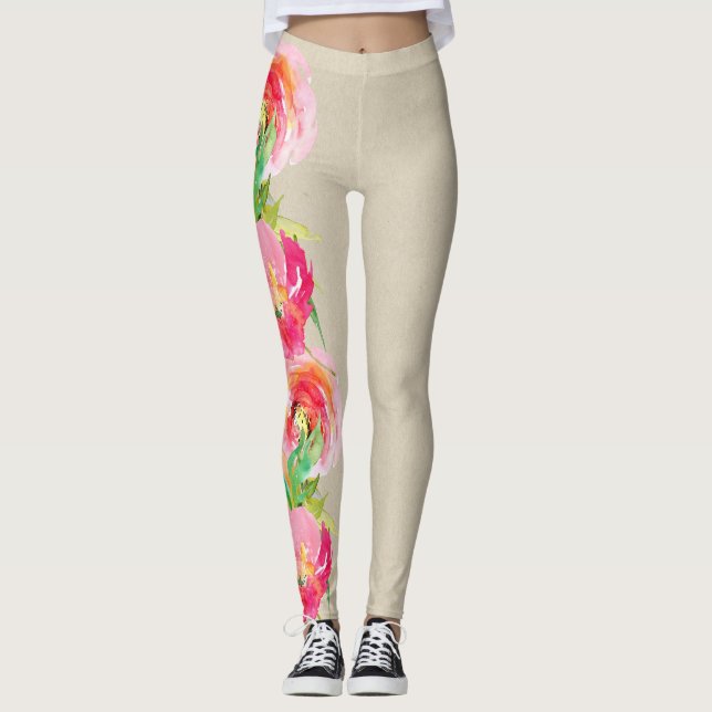 Modern Ljusfärgad Rustik Blommig Akvarell Leggings (Framsida)