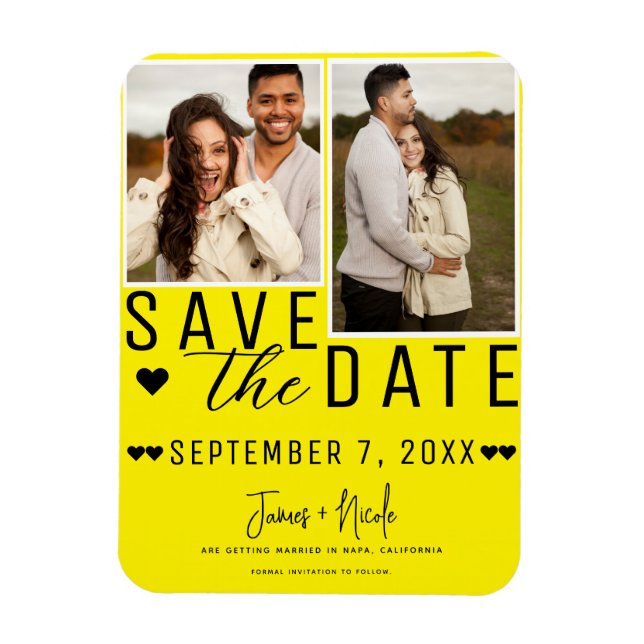 Modern Ljusgul Save the Date 2 Foto Bröllop Magnet (Vertikal)
