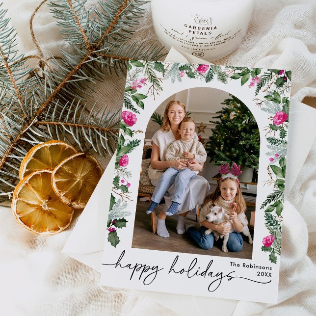 Modern ljusrosa grönska Botanisk Båge 1 Foto Julkort (Skapare uppladdad)