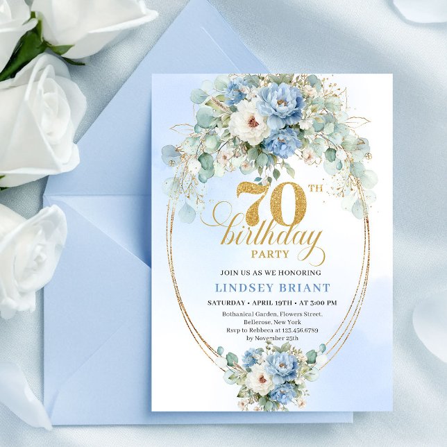 Modern ljust blå blommor 70-års inbjudan (Modern Light Blue Flowers 70th Birthday Invitation Card

)