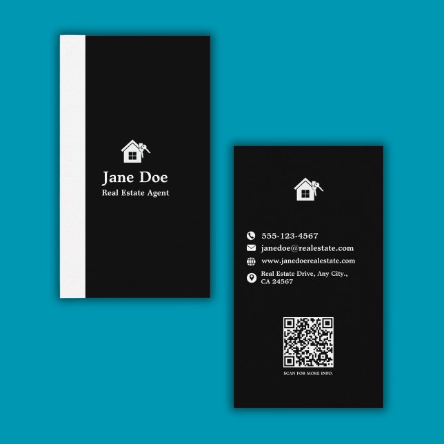 Modern Lodrät Black White Real Gods Visitkort (Modern Vertical Black White Real Estate Business Card)