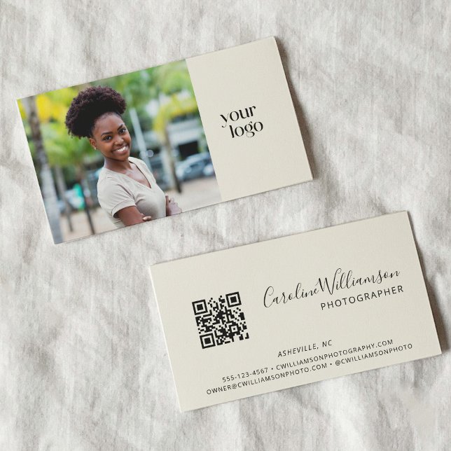 Modern Logo Boho QR-kod Foto Svart och Vitt Visitkort (Skapare uppladdad)