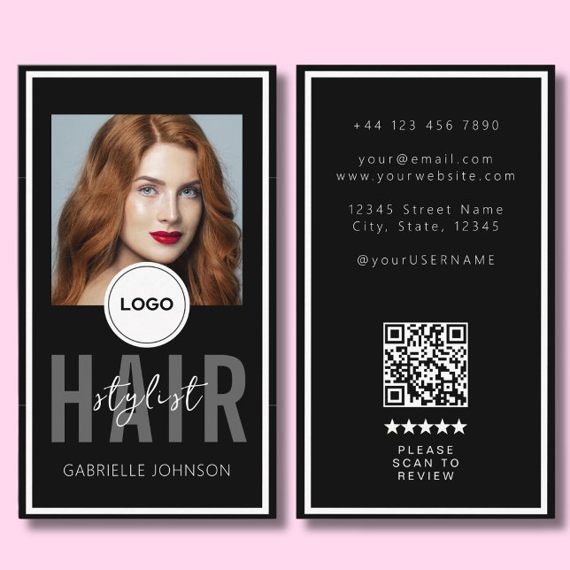Modern Logo QR Recension Svart Vitt Hårstylist  Visitkort (Skapare uppladdad)