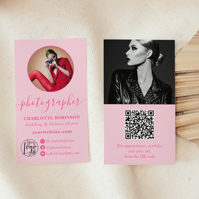 Modern logotyp av  för pastellbild för rosa, fyrka visitkort (Modern pastel pink photo qr code logo photographer business card)