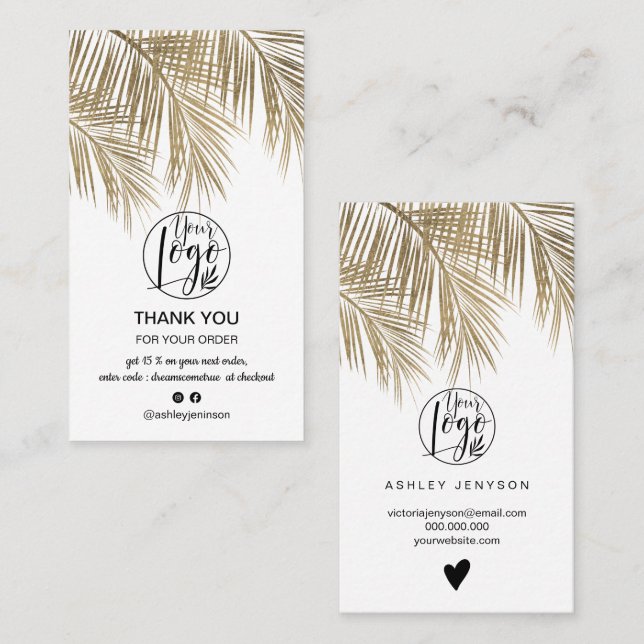 Modern logotyp för coola i guld löv, handflatan, t visitkort (Fram/baksida)