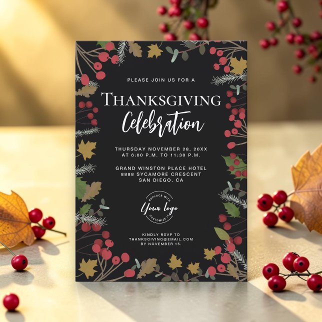 Modern Logotyp för Firande av Thanksgiving Inbjudningar (Elegant Thanksgiving celebration dinner business invitation with logo, autumn leaves on black.)